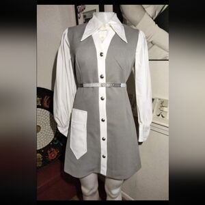 60s/70s Lerose made in Great Britain grey & white button down dress.